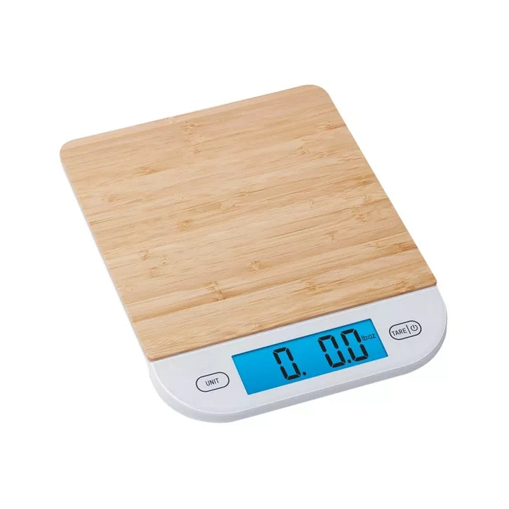 Eco-Friendly Bamboo Digital Kitchen Scale with Blue Backlit Display and Touch Controls