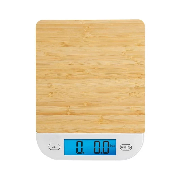 Eco-Friendly Bamboo Digital Kitchen Scale with Blue Backlit Display and Touch Controls