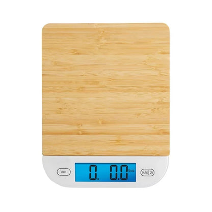 Eco-Friendly Bamboo Digital Kitchen Scale with Blue Backlit Display and Touch Controls