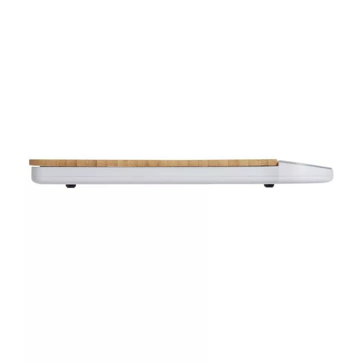 Eco-Friendly Bamboo Digital Kitchen Scale with Blue Backlit Display and Touch Controls