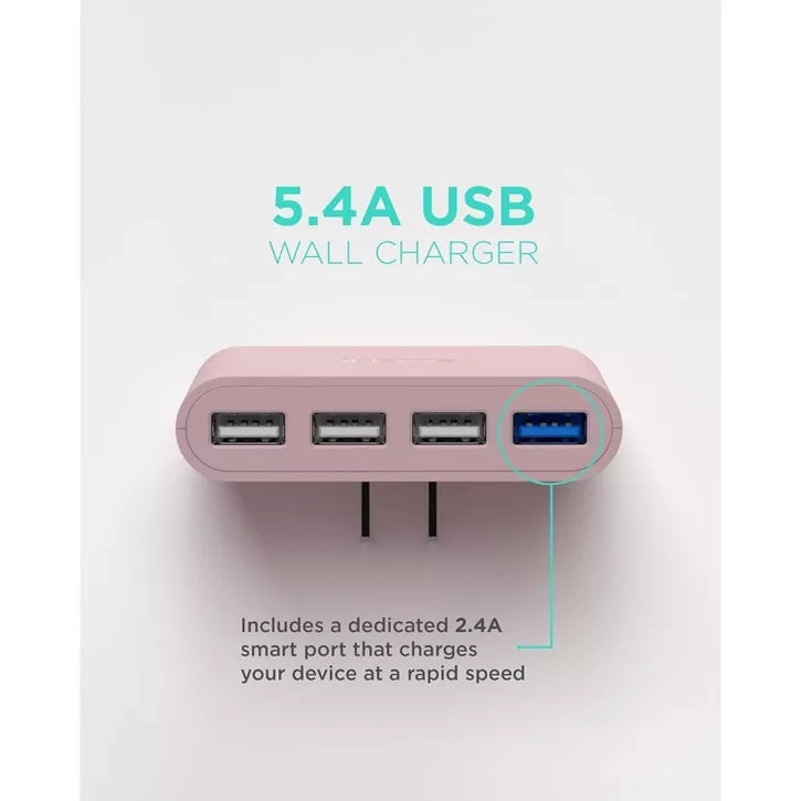Ultra-Slim 4-Port USB Wall Charger with Dedicated Fast-Charge Port and Foldable Prongs