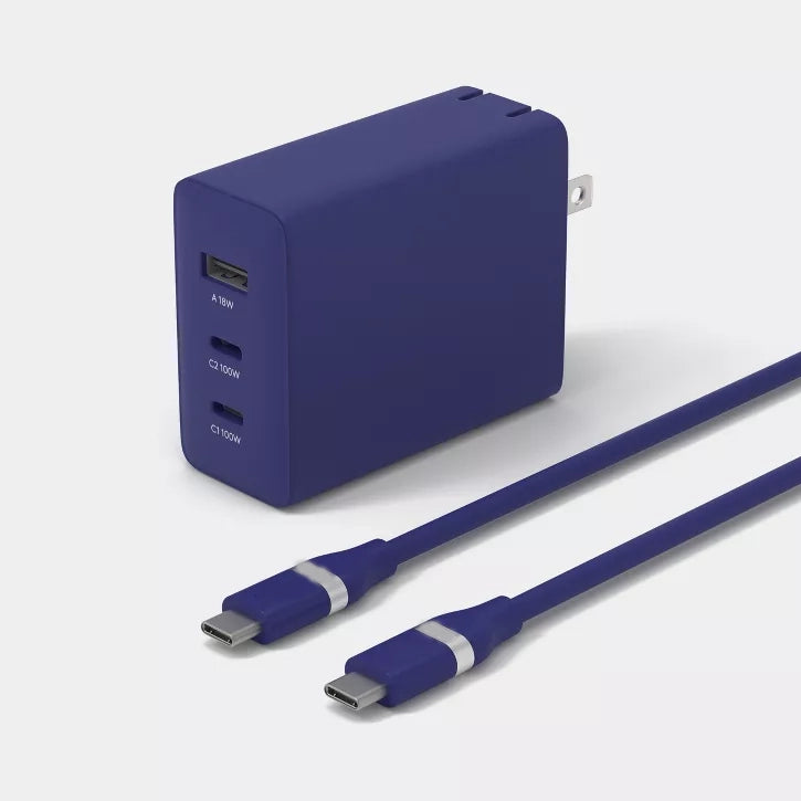 High-Power 100W Multiport Laptop Charger with Dual USB-C Cables and Foldable Prongs
