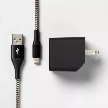 Dual-Port USB Wall Charger Set with Braided Lightning Cable and Extended Reach