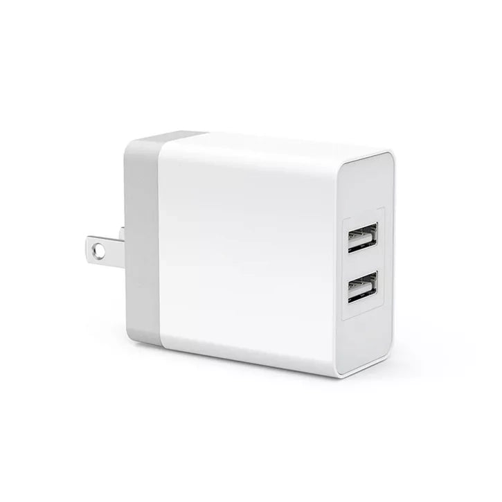 Compact Dual-Port USB Wall Charger with Foldable Prongs and Universal Voltage